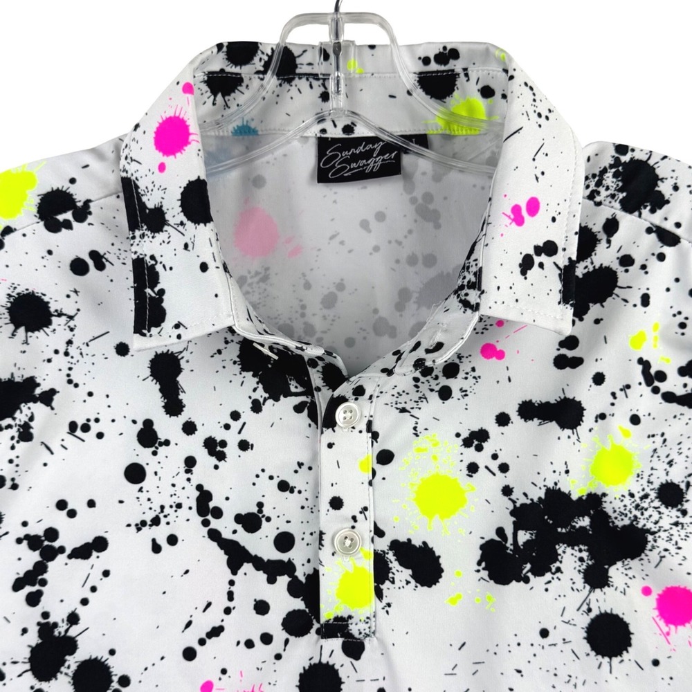 Sunday Swagger Polo Shirt Men Large White Neon Splatter Performance Stretch Golf - Picture 5 of 10